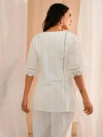 White Embroidered Cotton Straight Kurti - Image 3
