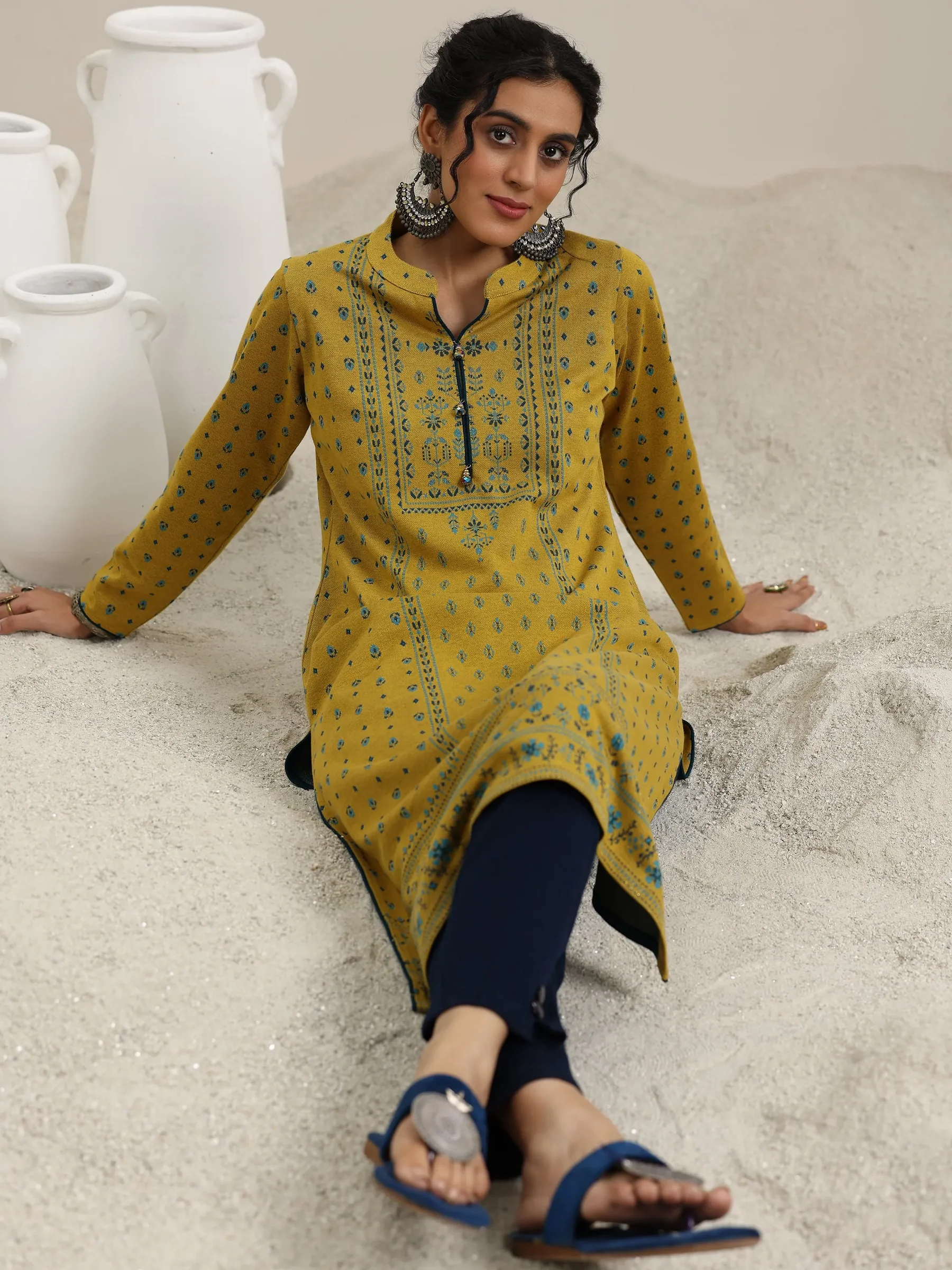58147_1.webp Mustard Woven Design Wool Straight Kurta - Image 1