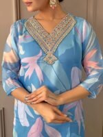 Women's Sky Organza with Cotton Lining Embroidered and Printed Straight Kurta with Rayon Pant and Organza Laced Dupatta Sets - Image 3