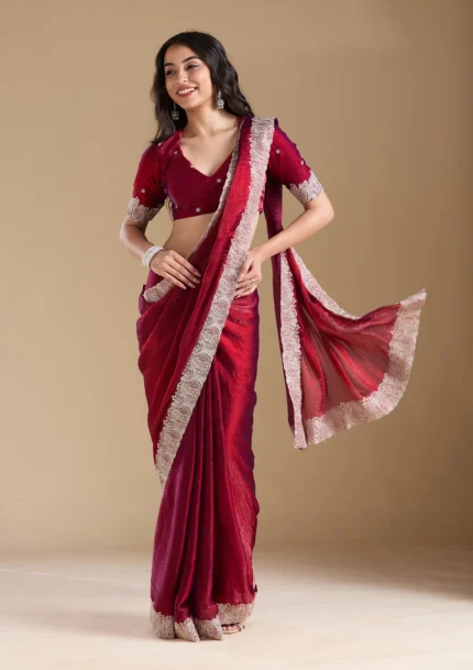 Wine Zariwork (Silver) Chiffon Saree