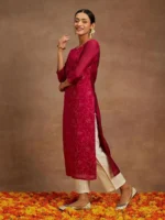 Hot Pink Embroidered Chanderi Silk Straight Kurta - Image 3